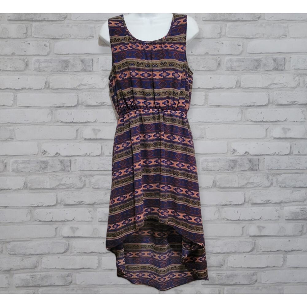 Blu Pepper Aztec Inspired Pattern Striped Hi Low Sleeveless Dress Womens Large
